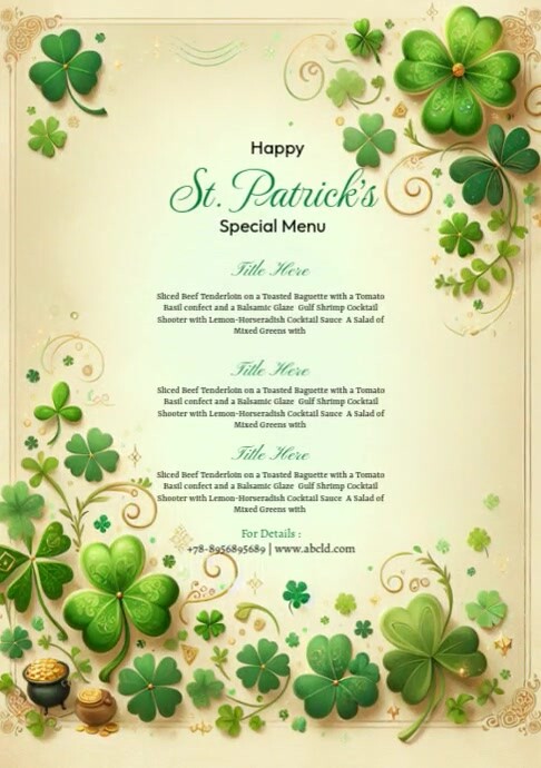 St. Patrick's Day Menu A4 template