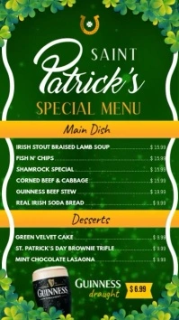 St. Patrick's Day Special Menu Digital Display Portrait Vide template