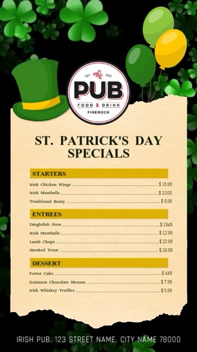 St Patrick S Day Specials Menu Digital Display Video Template Postermywall St Patricks Day Restaurant Specials 2022