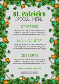 st. patrick's special menu flyer with shamrocks and diamond clovers A4 template