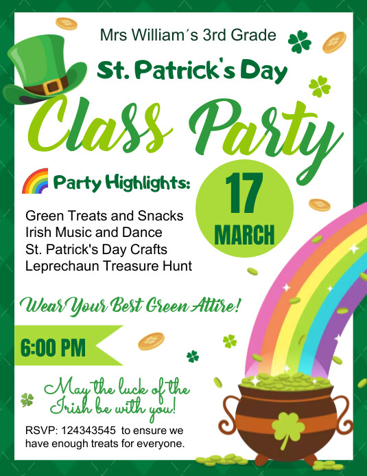 St. Patrick's Day Class Party Flyer Template | PosterMyWall