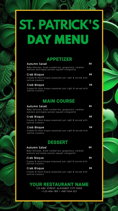 St. Patrick's Day Menu Digital Display (9:16) template