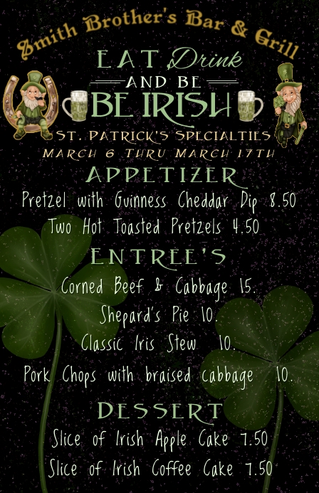 St. Patrick's Day Special Menu Half Page Wide template