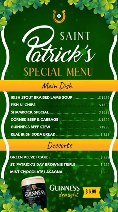 St. Patrick's Day Special Menu Digital Display Portrait Vide งานแสดงผลงานแบบดิจิทัล (9:16) template
