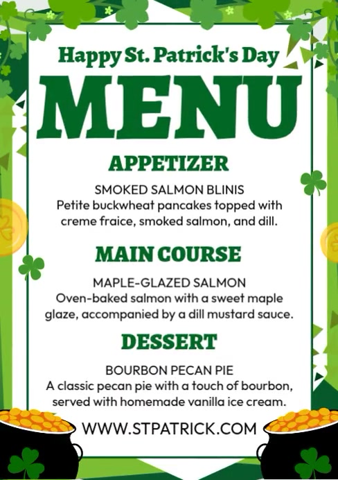 White St. Patrick's Day Menu A4 Template | PosterMyWall