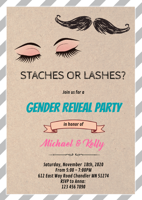 Staches Or Lashes Gender Reveal Card Template Postermywall