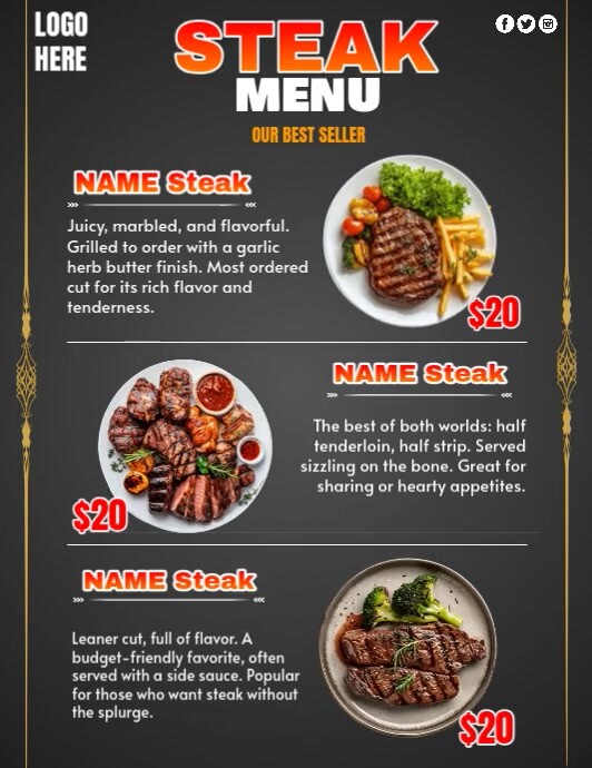 steak menu ads Flyer (US Letter) template