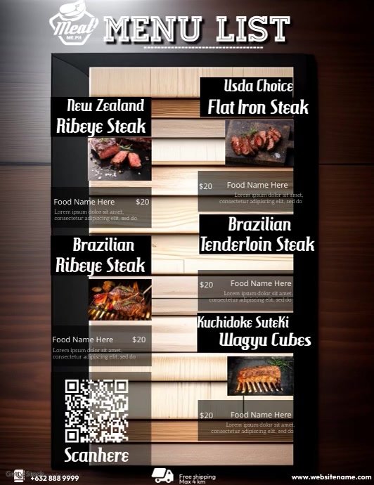 Steak Menu List Folheto (US Letter) template
