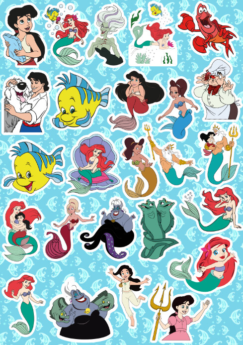 Stickers digital de la sirenita Para descargar e imprimir A4 template