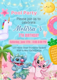 Stitch and Angel Pool Party Invitation A6 template
