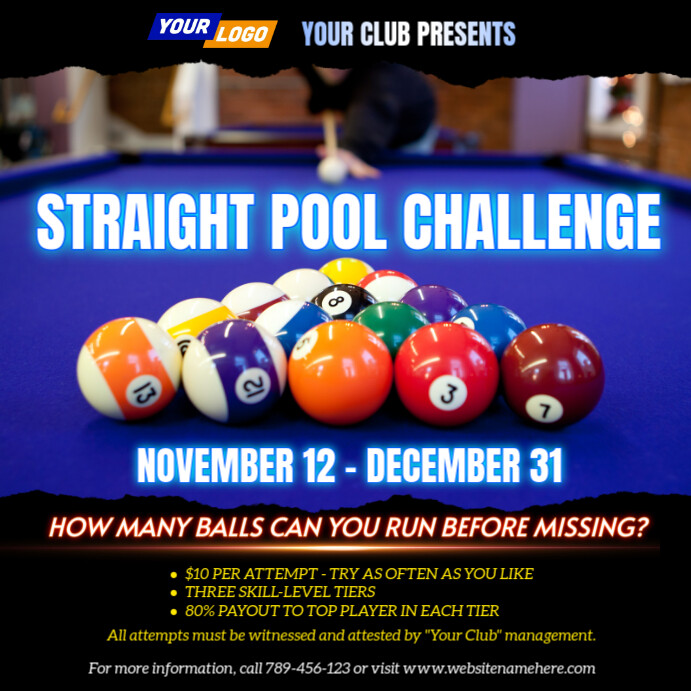 Straight Pool Challenge Flyer Publicação no Instagram template