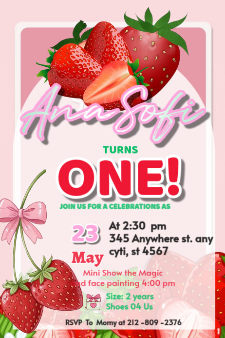strawberry invitation happy Brithday party temple flayer editablet celebration kids Plakkaat template