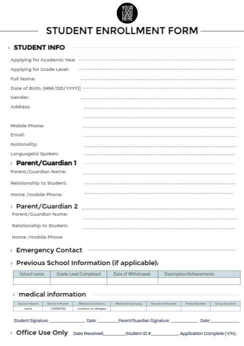 student enrollment form A4 template