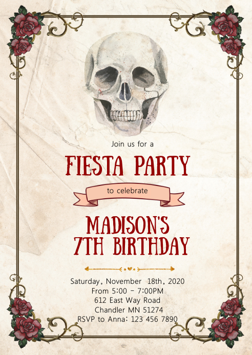 Sugar skull birthday party invitation A6 template