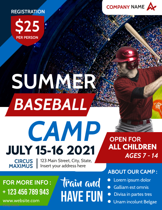 summer baseball camp flyer advertising Template PosterMyWall