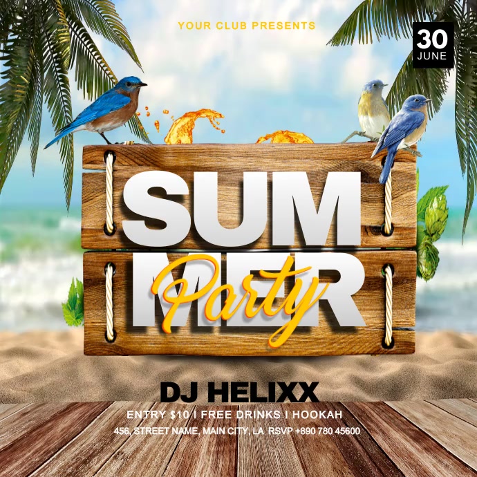 summer beach club party flyer Instagram Post template