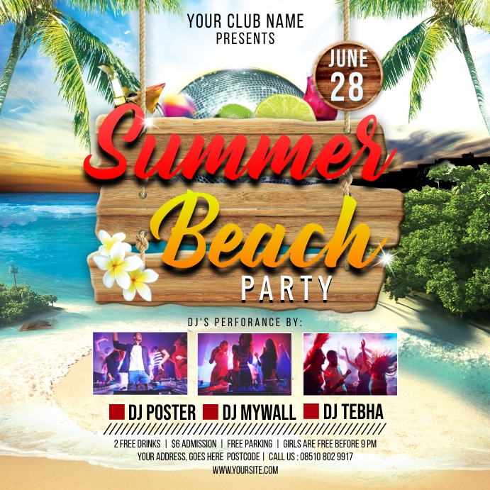 Summer Beach Party Flyer / Poster Quadrado (1:1) template