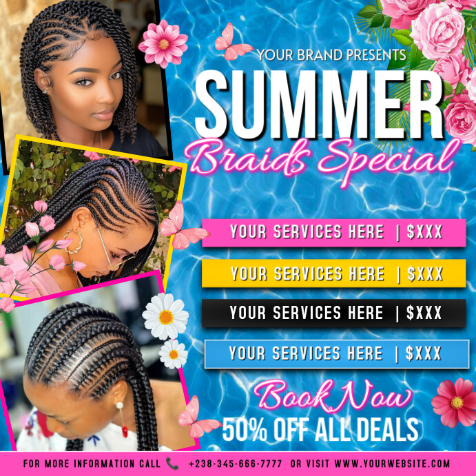Summer Braids Promo Flyer – 50% Off Hair Styling Deals! Instagram 帖子 template