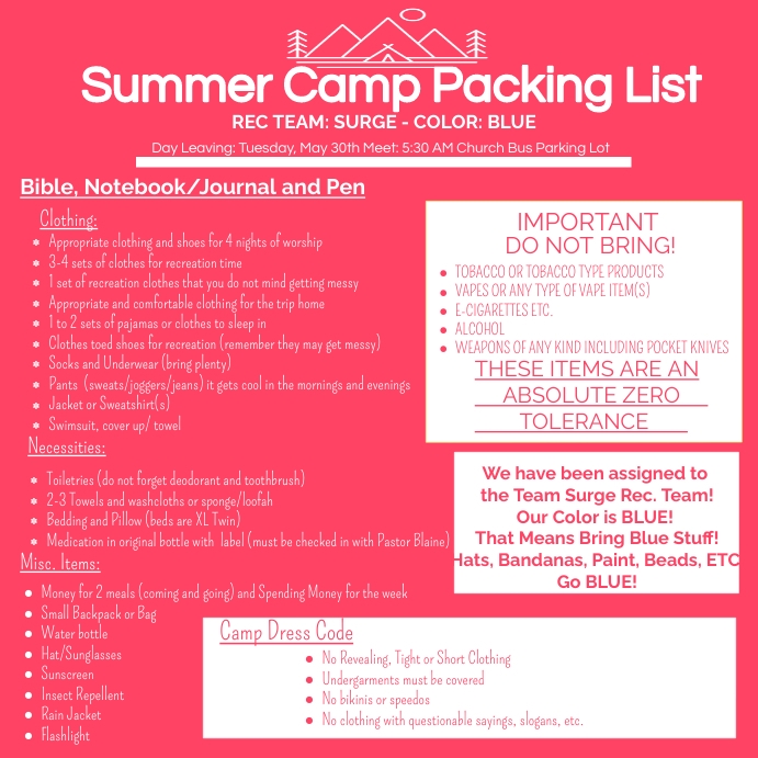 Summer Camp Packing List flyer, church youth Template PosterMyWall