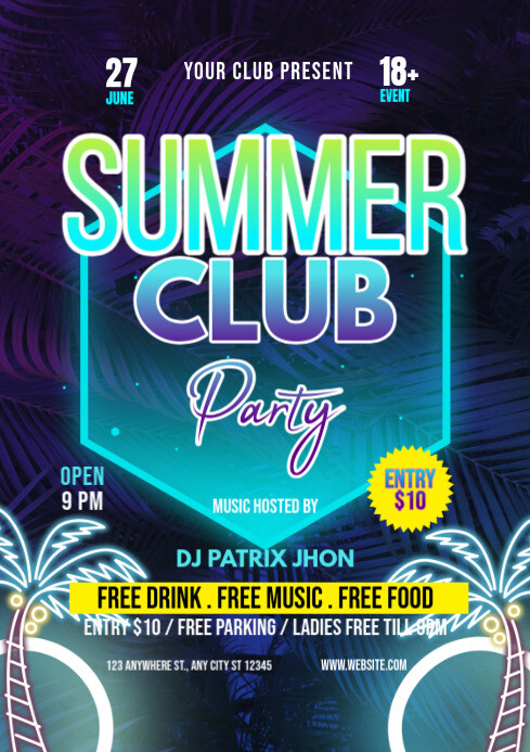 Plantilla de Morado Summer Club Party A4 | PosterMyWall