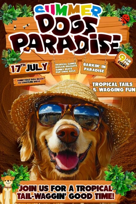 Summer Dogs Paradise: Tail-Waggin' Tropical Bash Cartaz template
