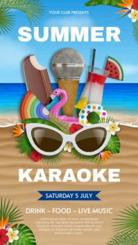 summer karaoke poster with inflatables, mic, ice creams and cocktails on beach landscape Facebook Story template