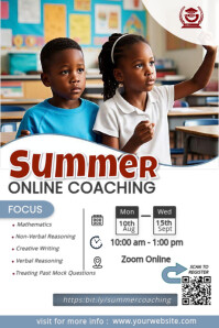 Summer Online Coaching Classes for Kids – Math, Reasoning, and Creative Writing Poster template