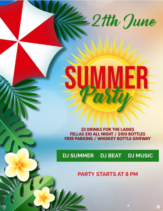 Summer Party,Beach party,tropical party,sprin Ulotka (US Letter) template