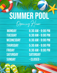 蓝绿色 Summer Pool Opening Hours Flyer Template