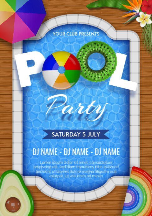 summer pool party poster with inflatables, beach umbrella, tropical ...