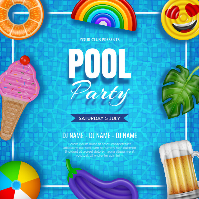 summer pool party poster with inflatables on pool water background ...