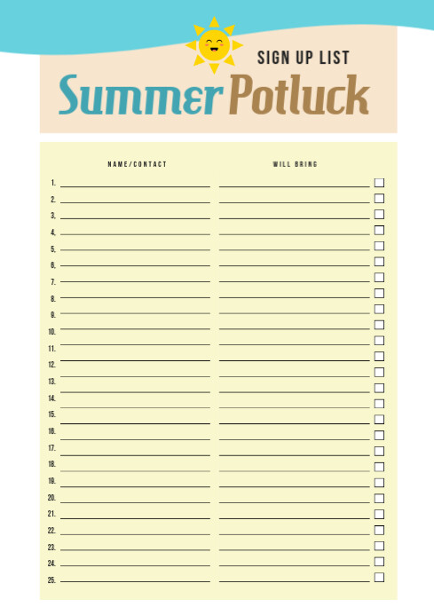 Potluck List.pdf Summer Potluck sign up list template | PosterMyWall