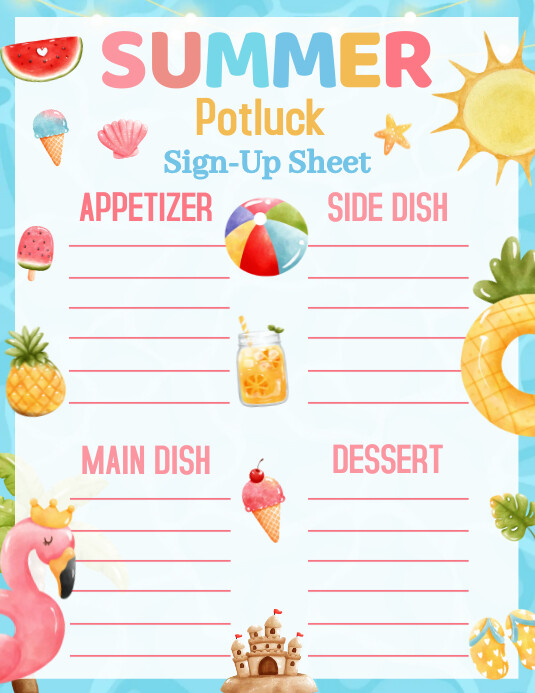 SUMMER Potluck Sign Up Sheet Template | PosterMyWall