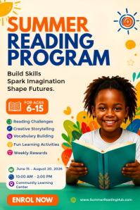 Summer Reading Program Flyer | Kids Literacy Camp Poster | Children's Learning Challenge Template Po