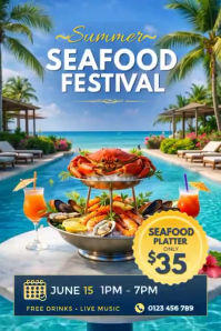 Summer Seafood Festival Flyer Template | Beach Pool Party Poster | Seafood Event Promotion Design |