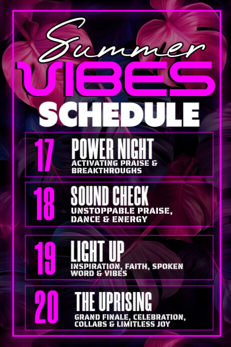 Summer Vibes Schedule – Get Ready to Praise & Celebrate Poster template