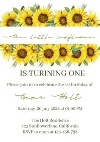 Sunflower 1st birthday invitation A5 template