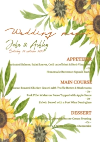 Sunflower watercolor wedding menu card A5 template