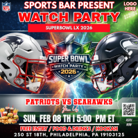 Super Bowl LX : New England Patriots VS Seattle Seahawks Watch Party Social Media Template. Instagram Post
