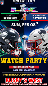 Super Bowl LX : New England Patriots VS Seattle Seahawks Watch Party Social Media Template. Historia de Instagram