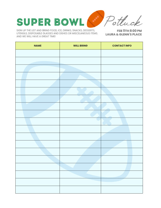 Super Bowl Potluck Sign Up Sheet Template ใบปลิว (US Letter)