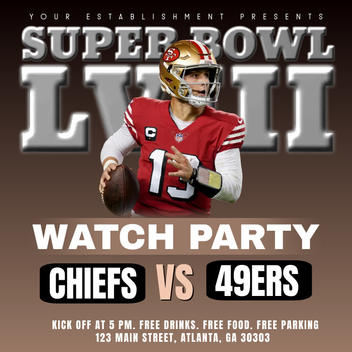 Copy of Super Bowl Watch Party Flyer. brock purdy. 49 | PosterMyWall