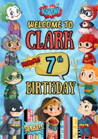 Blauw Superhero Birthday Party A4 Template