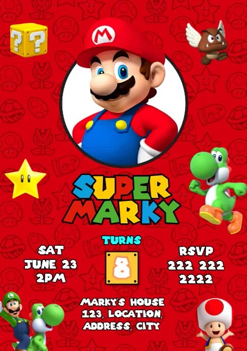Mario Design Card Super Mario Birthday Invitation Card Design Template | PosterMyWall