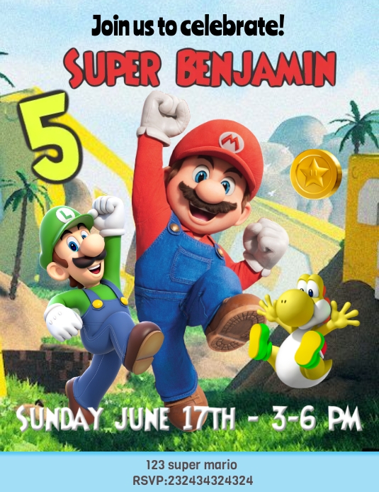 Mario Invitation Inso Blue Birthday Invitation Flyers Template | PosterMyWall