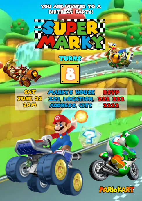 Super Mario Kart Birthday Invitation Card Template | PosterMyWall