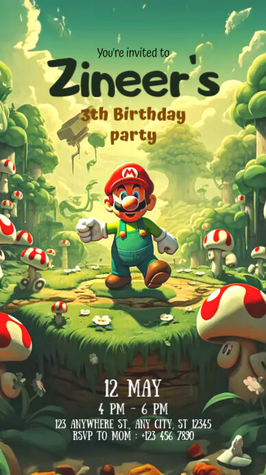 Super Mario Kids Birthday Invitation Digital Display (9:16) template