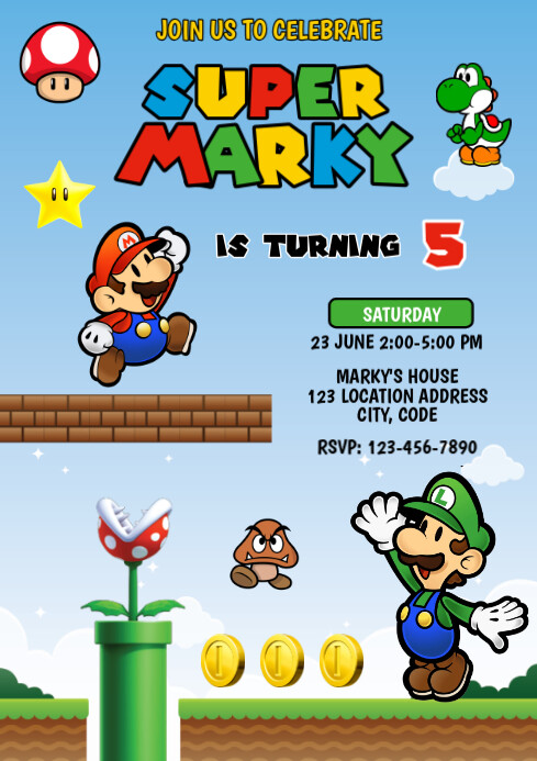Super Mario Paper Birthday Invitation Template A4 | PosterMyWall