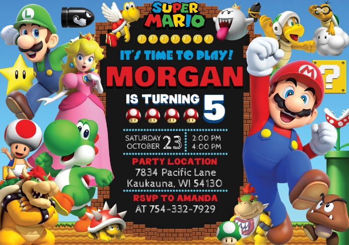 Super Mario Themed Birthday Party Invitation A5 template