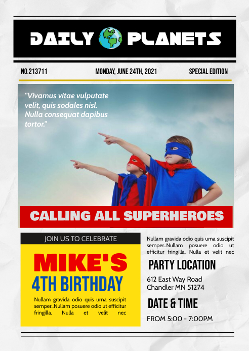 Superhero Newspaper Birthday Theme Invitation Template Postermywall Superhero Newspaper Birthday Theme Invitation Template Postermywall